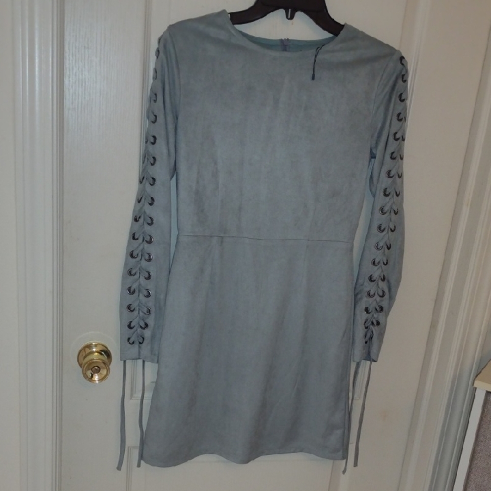 Boohoo Sage Color Sheath Dress with Bishop Sleeves